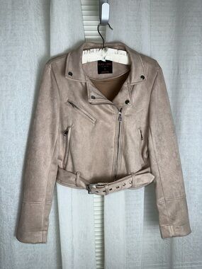 C’EST TOI BLACK LABEL L Nude Tan Faux Suede Moto Biker Jacket
